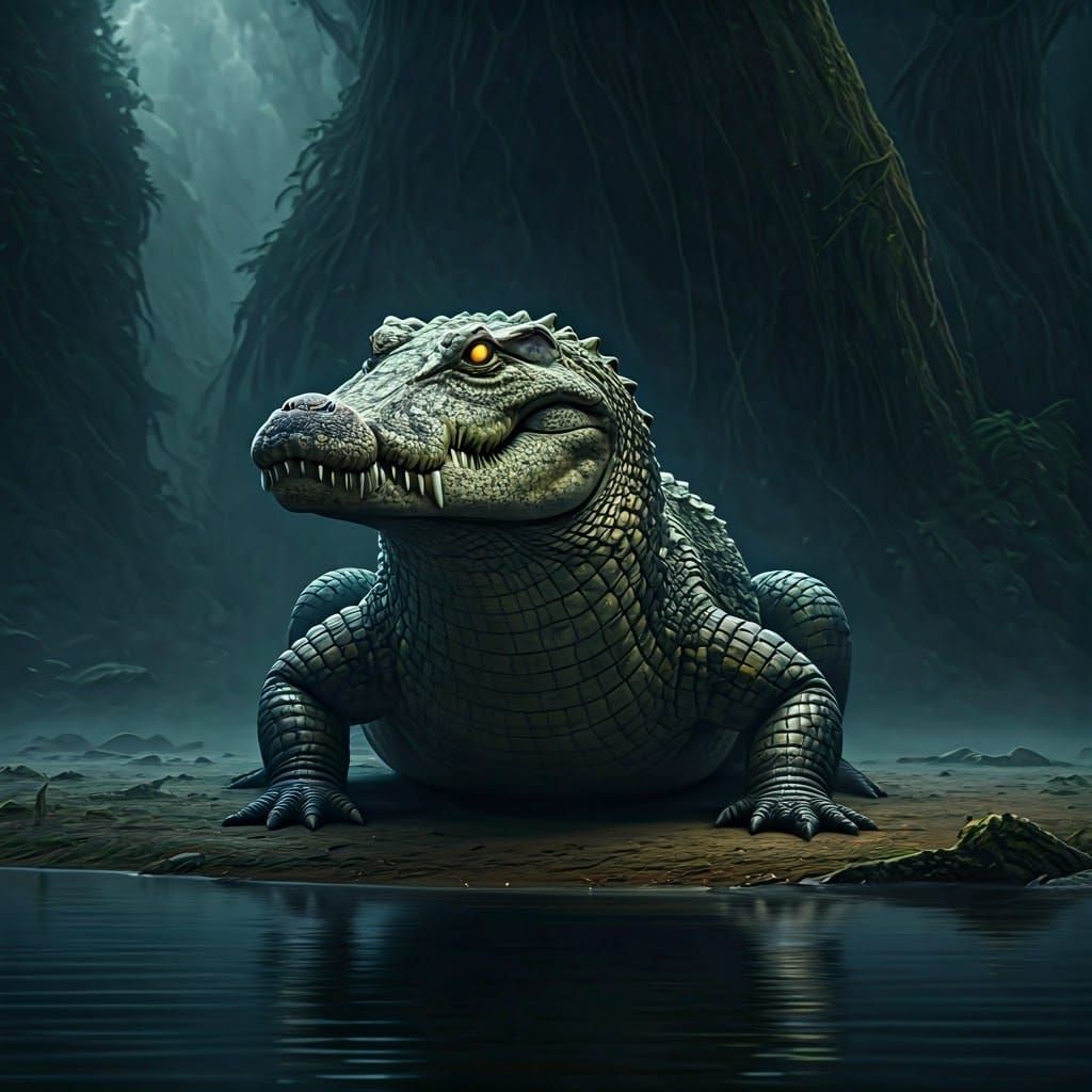 Ancient Crocodile Awakens on Misty Lake Beach