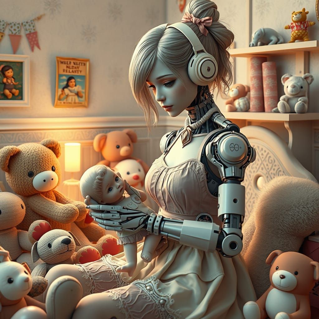 Cyborg in Nursery: Hyperrealistic Digital Art