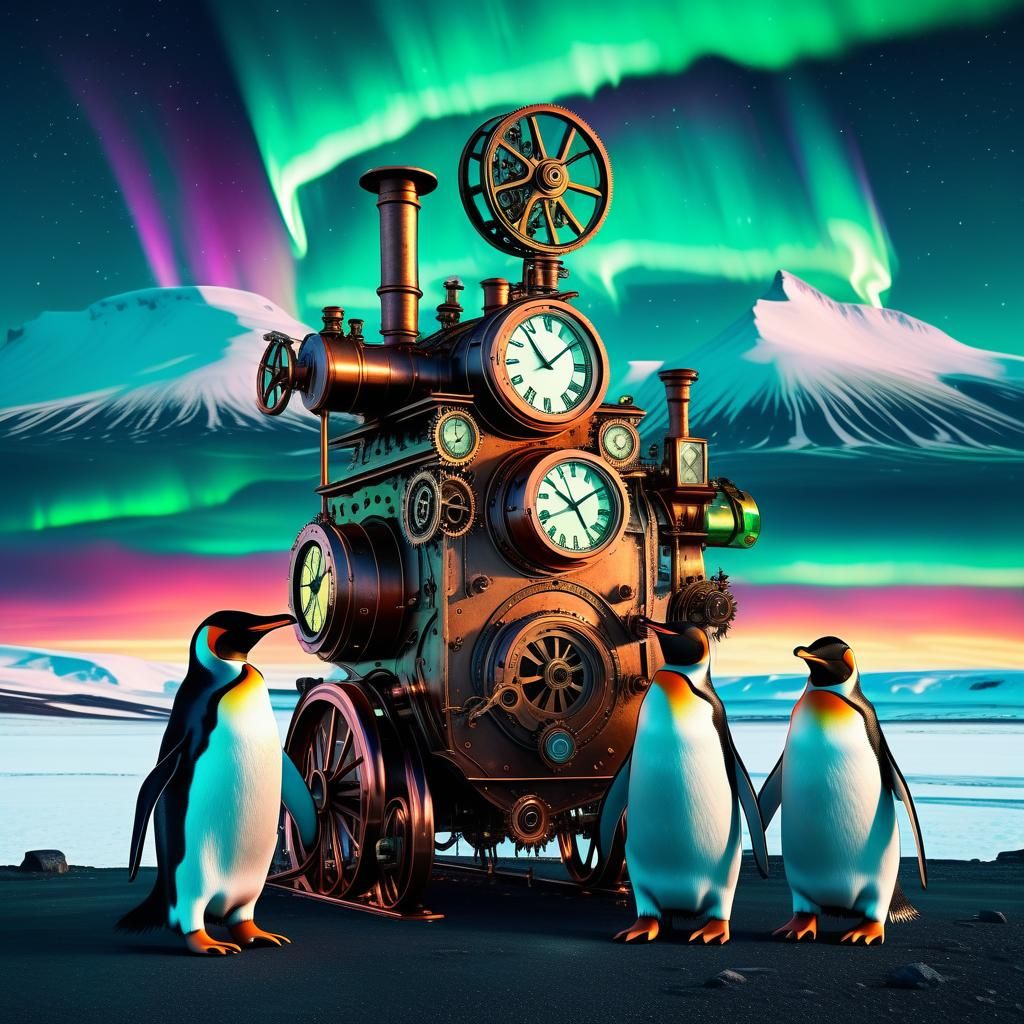 Steampunk Penguins in Iceland Under Aurora Borealis