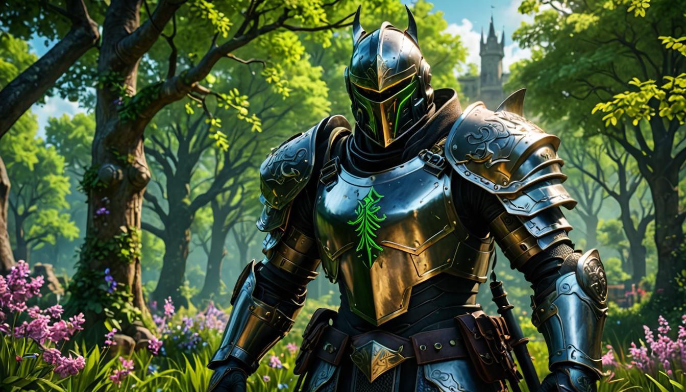 Gaming Knight with Razer Logo in Spring Landscape