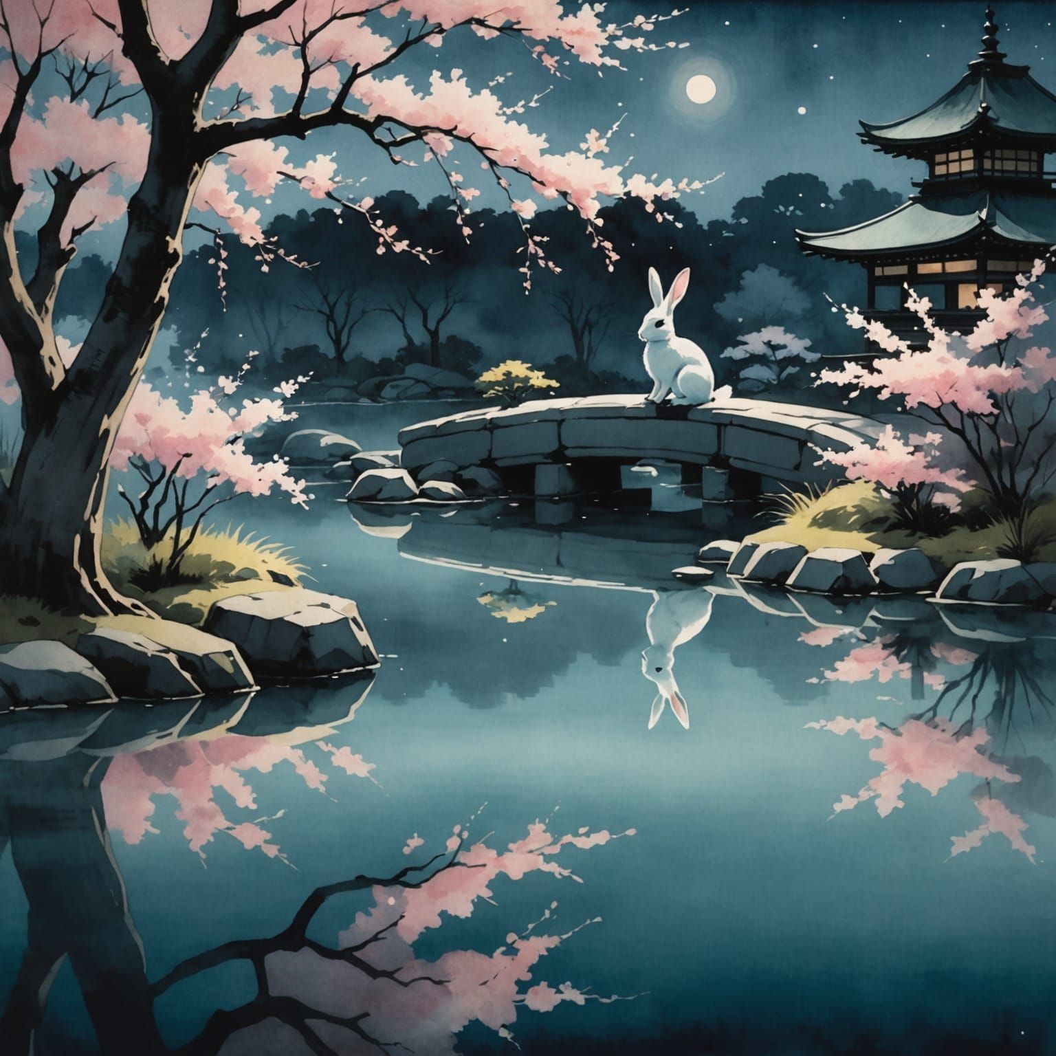 Elegant Rabbit in Moonlit Japanese Garden Painting