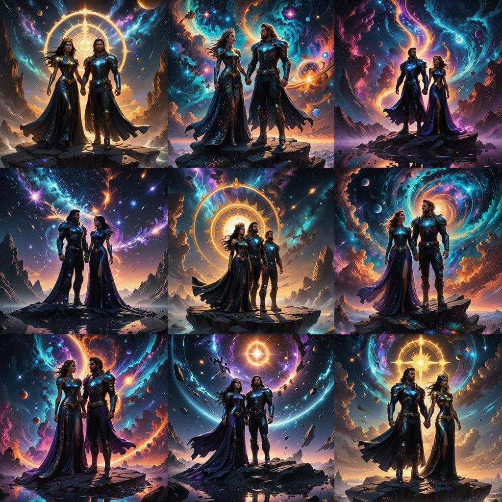 Cosmic Couple on Floating Stone, Galaxies Above