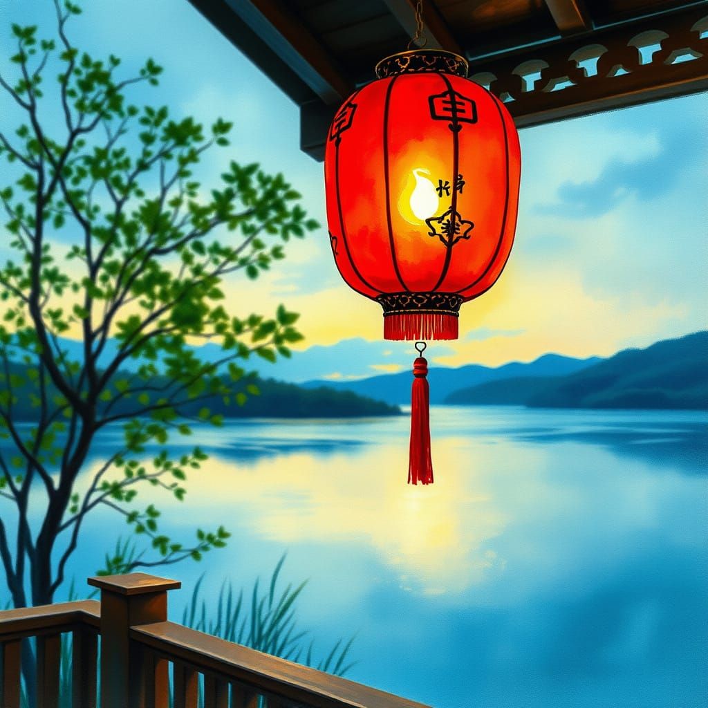 Chinese Paper Lantern Radiates Over Tranquil Lake in Impress...