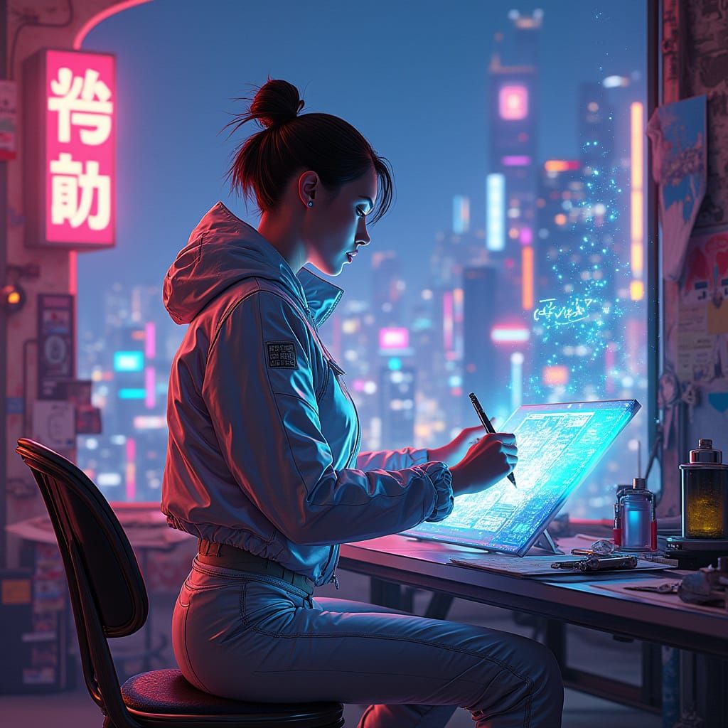 Futuristic Fashion Designer in Cyberpunk Metropolis