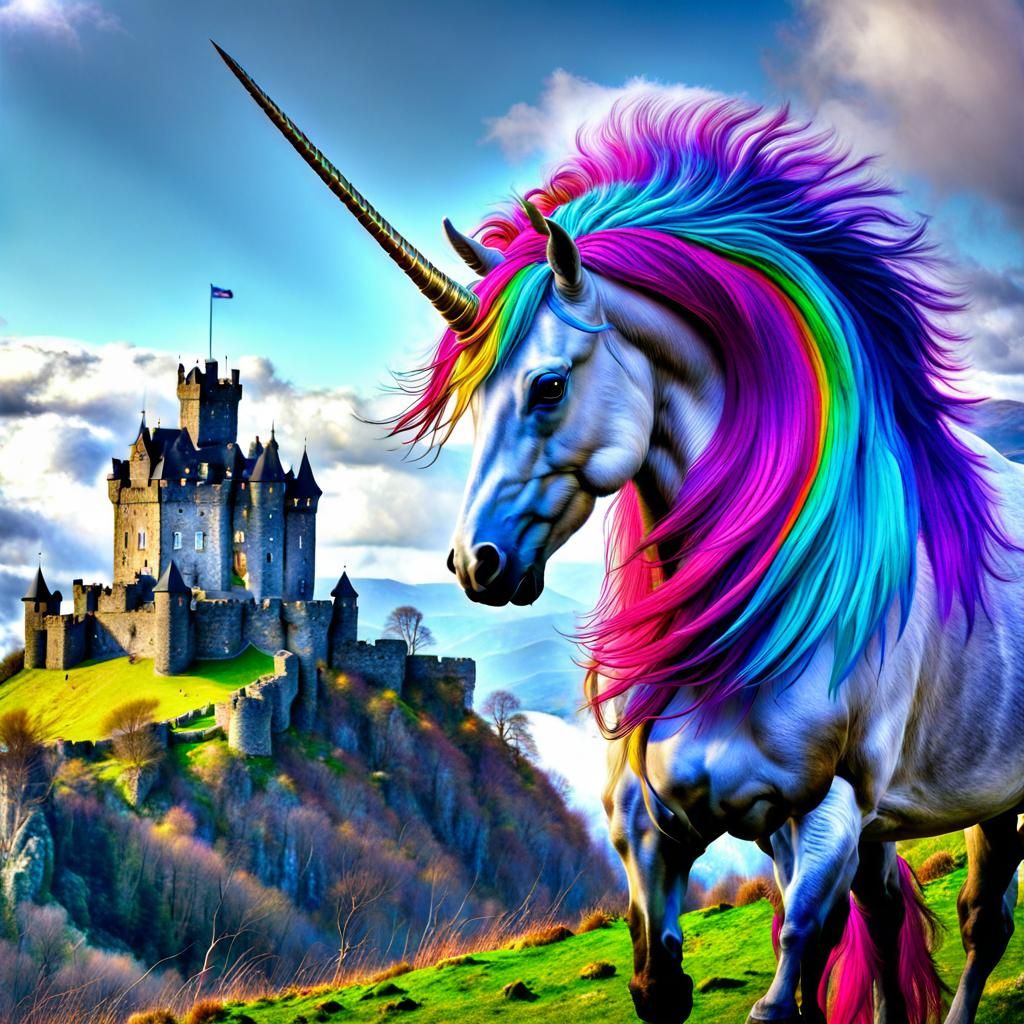 Majestic Majesty: Angus the Enchanting Rainbow Unicorn, Grazing by the Scottish Castle on the Hill