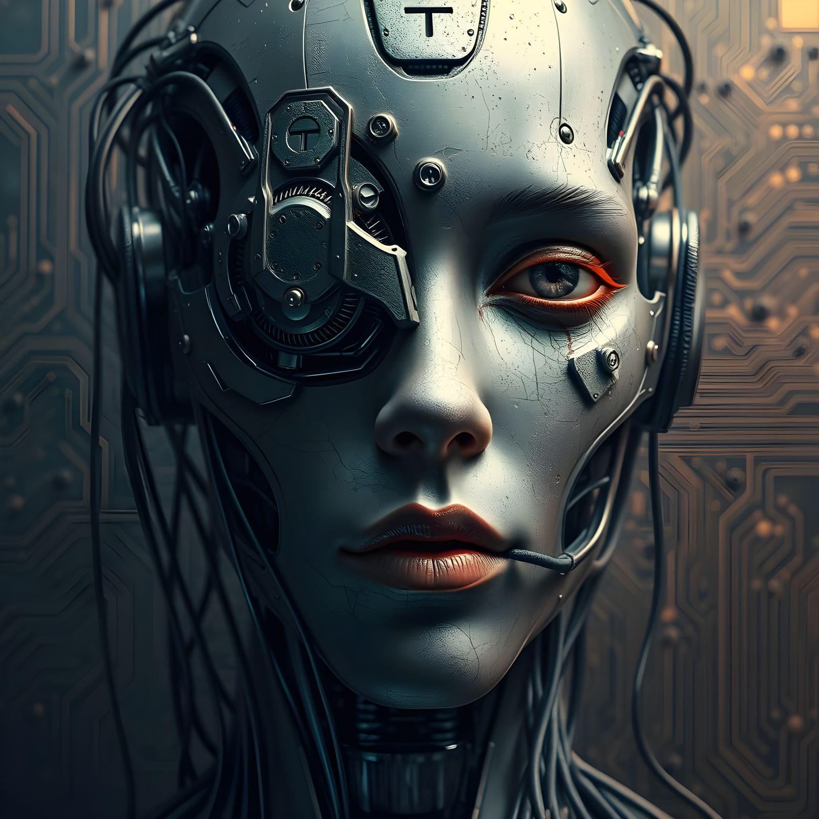 Surreal Face Merging with Robot, Detailed Matte Painting