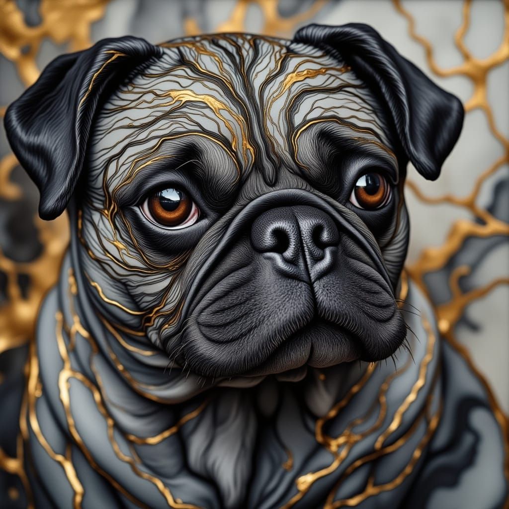 Dreamlike Pug with Marble-Like Fur and Golden Accents