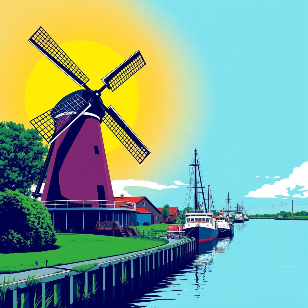Vibrant Pop Art Windmill Amidst Dutch Countryside