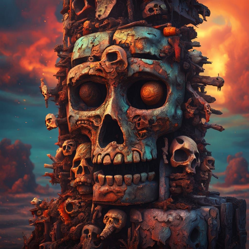 totem pole with scrap metal bits and bones and animal skulls