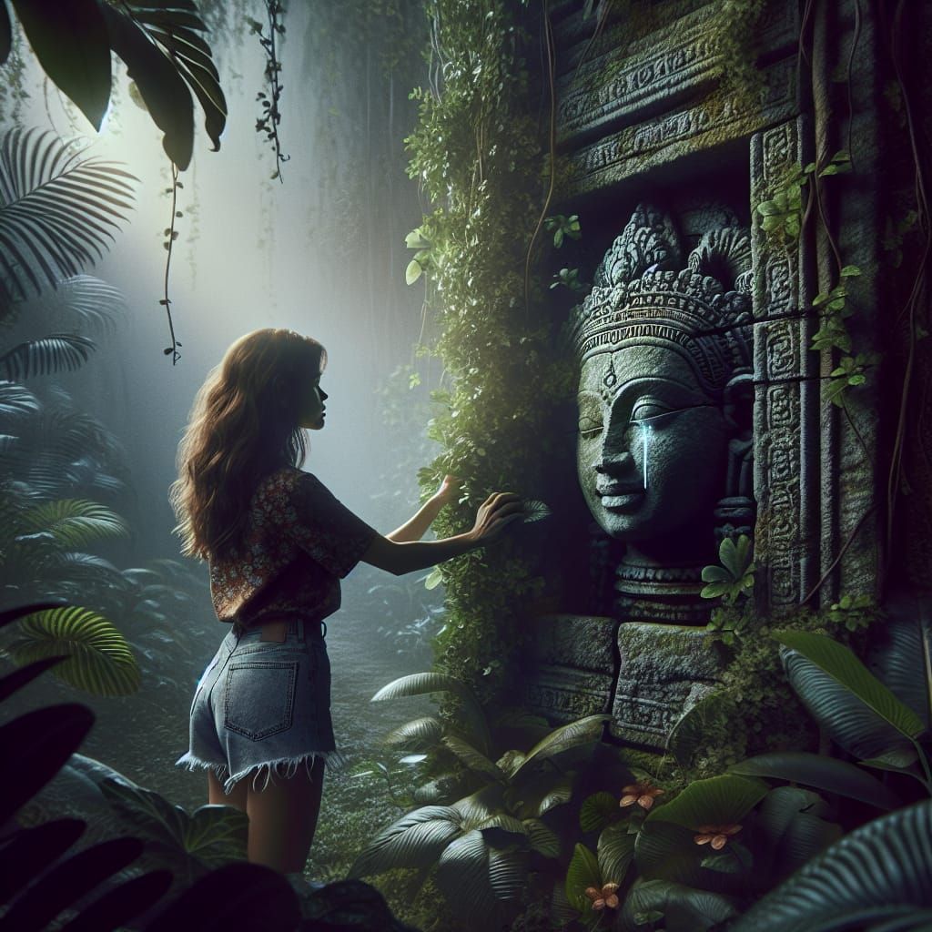 Young Woman Unveils Ancient Hindu Goddess in Lush Jungle
