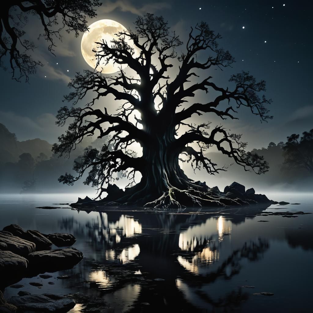 Ancient Oak in Moonlit Lake: Dark Fantasy Concept Art