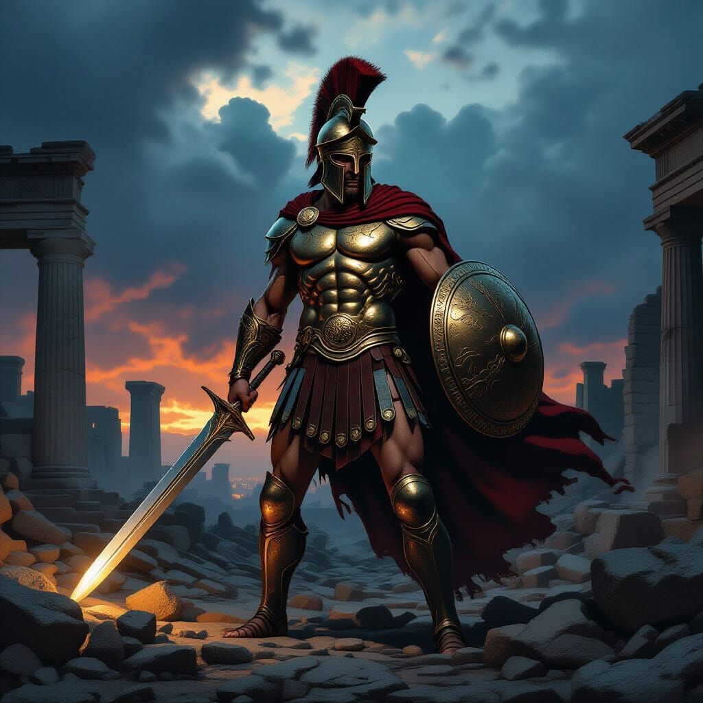 Aquiles Stands Victorious in Troy Ruins