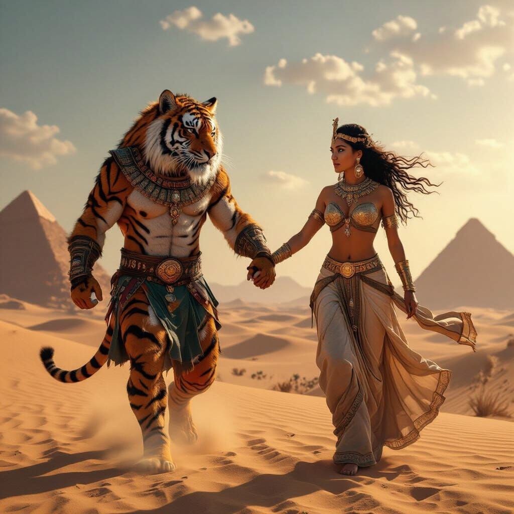 Hybrid Tiger Man and Goddess Run Through Desert Landscape