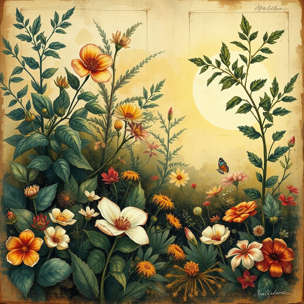 Dreamy Botanical Landscape in Vintage Style