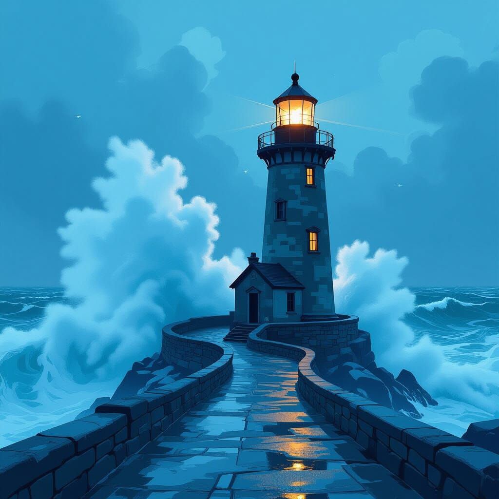 Storm-Swept Lighthouse with Colossal Waves