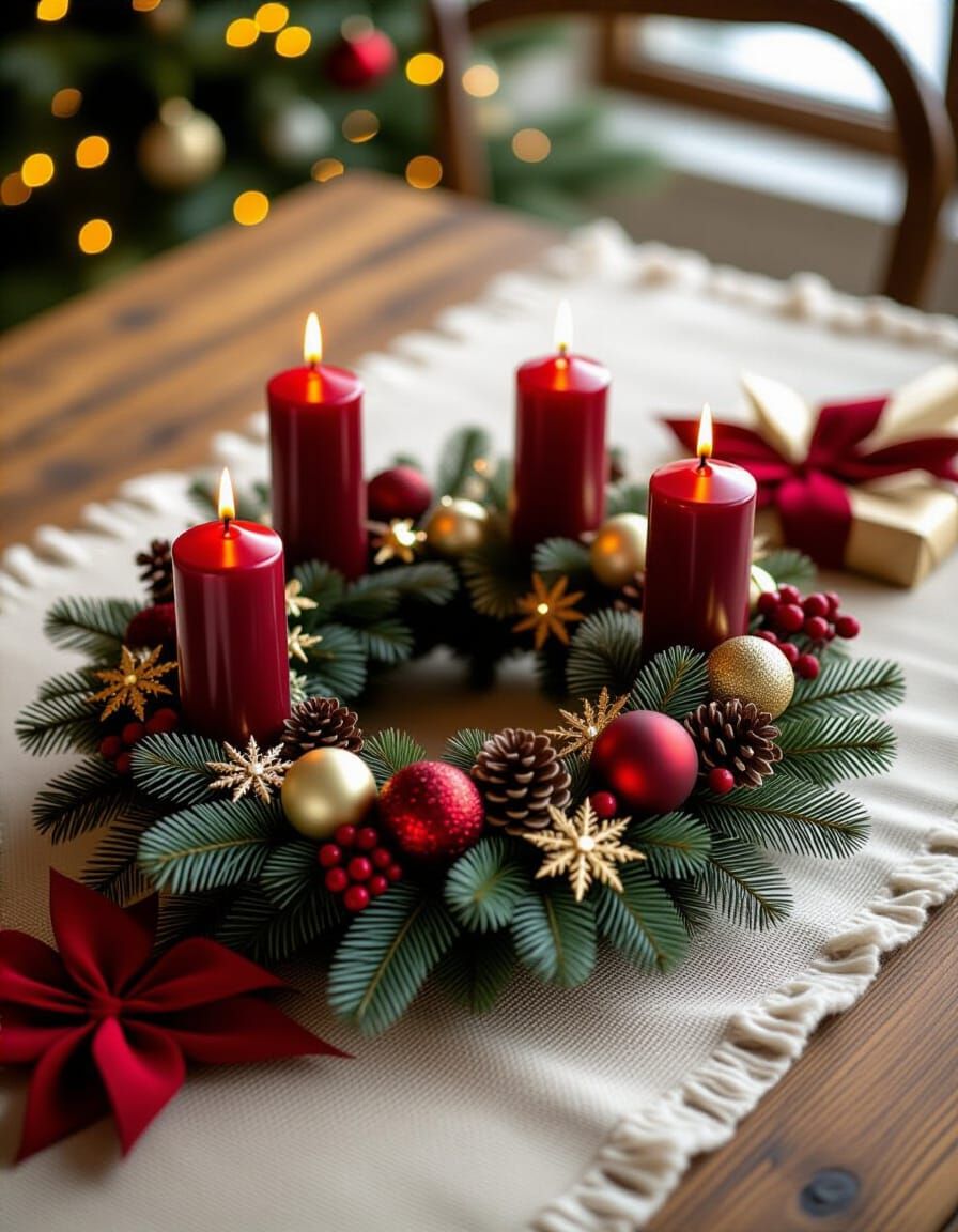 Stunning Burning Christmas Wreath on Wooden Table