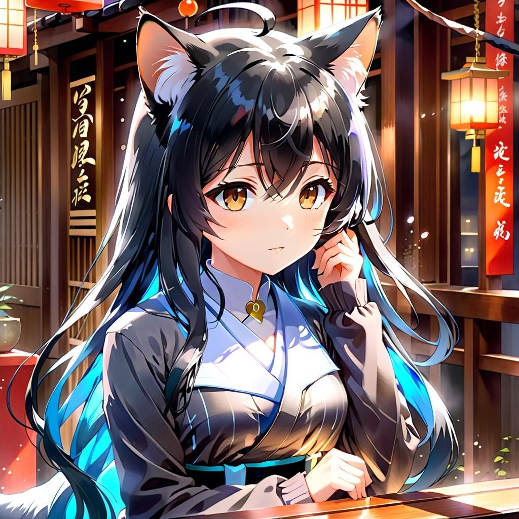 Anime Cat-Girl in Japanese Watercolor Style