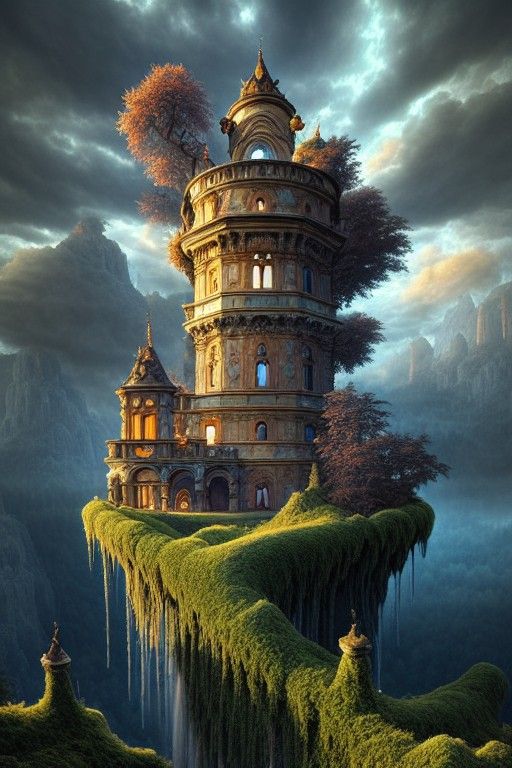 Enchanted Roman Castle in Clouds: Digital Painting