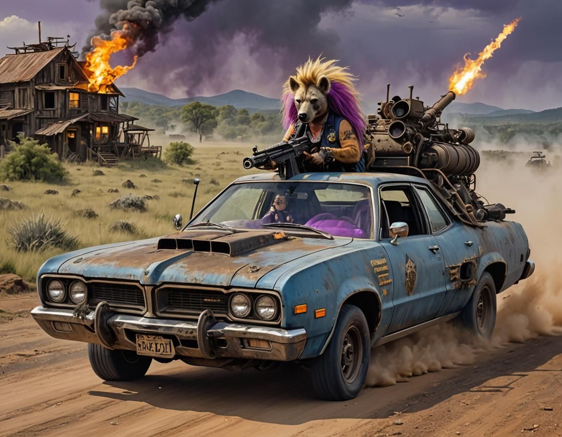 Furry Hyena Drives Flamethrower Car in Wasteland