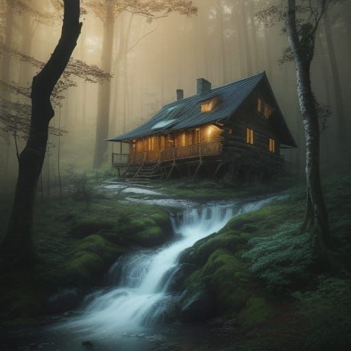 Whimsical Forest Scene with Rustic Cabin