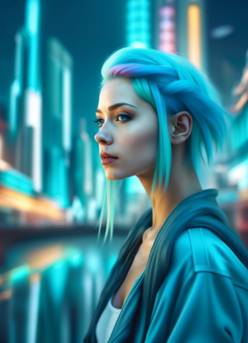 Enchanting Painter Girl in a Futuristic Cityscape