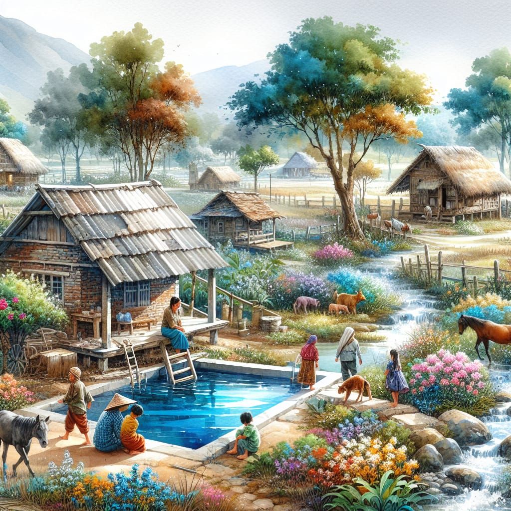 Rustic Village Watercolor Painting with Joyful Life