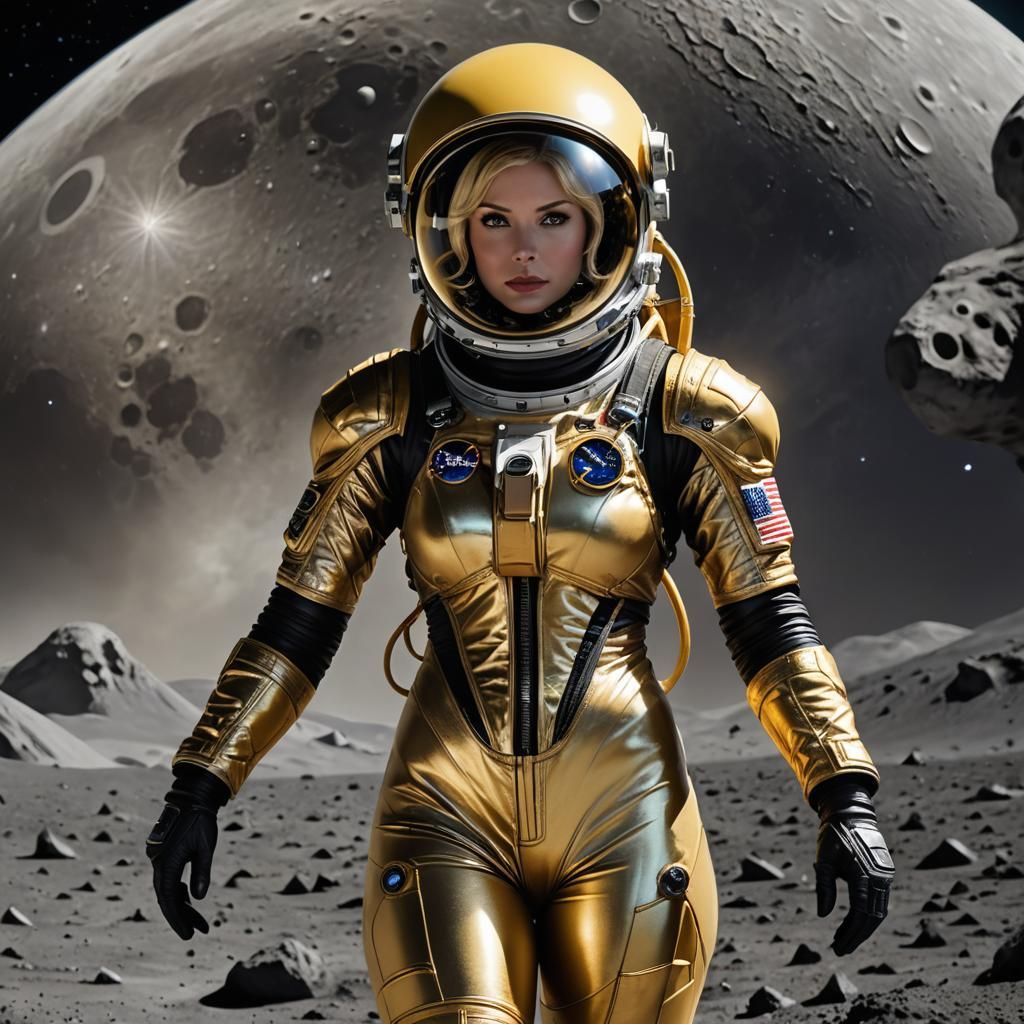 013 A beautiful female astronaut wearing a yellow/golden spacesuit on the moon.