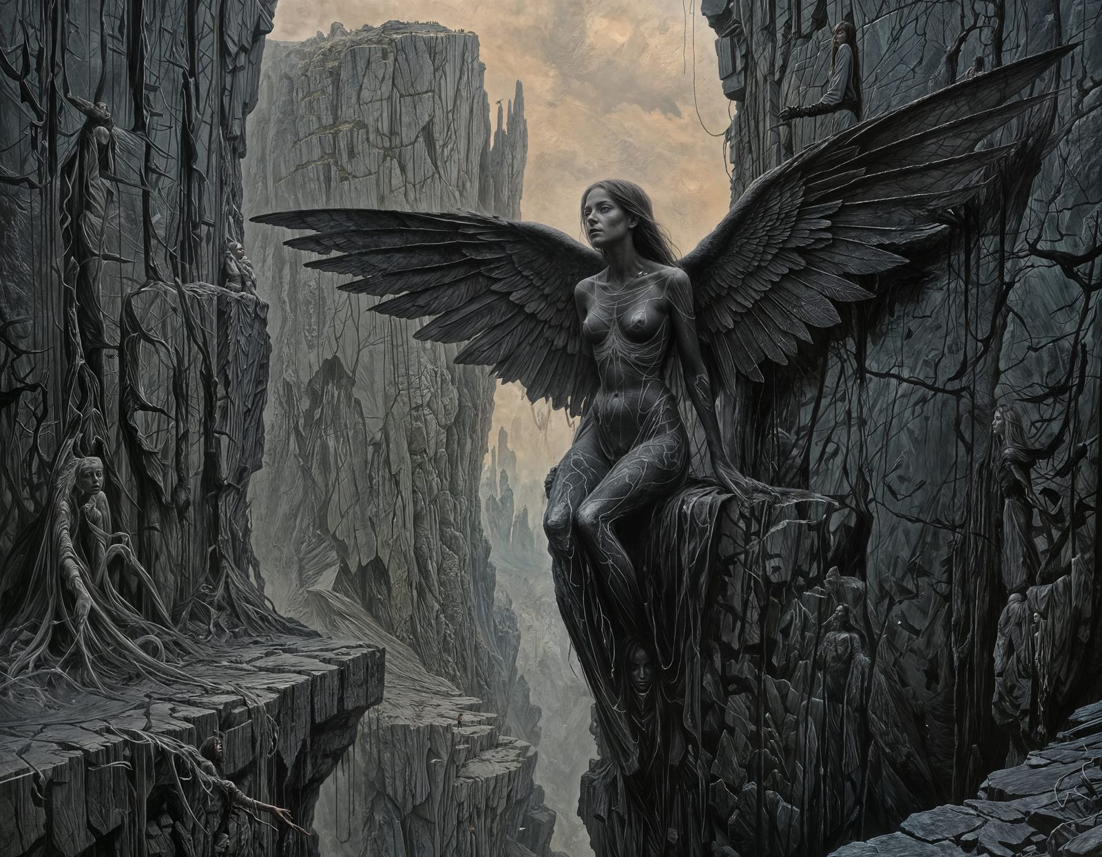 Macabre Winged Woman in Cubist Impasto Style