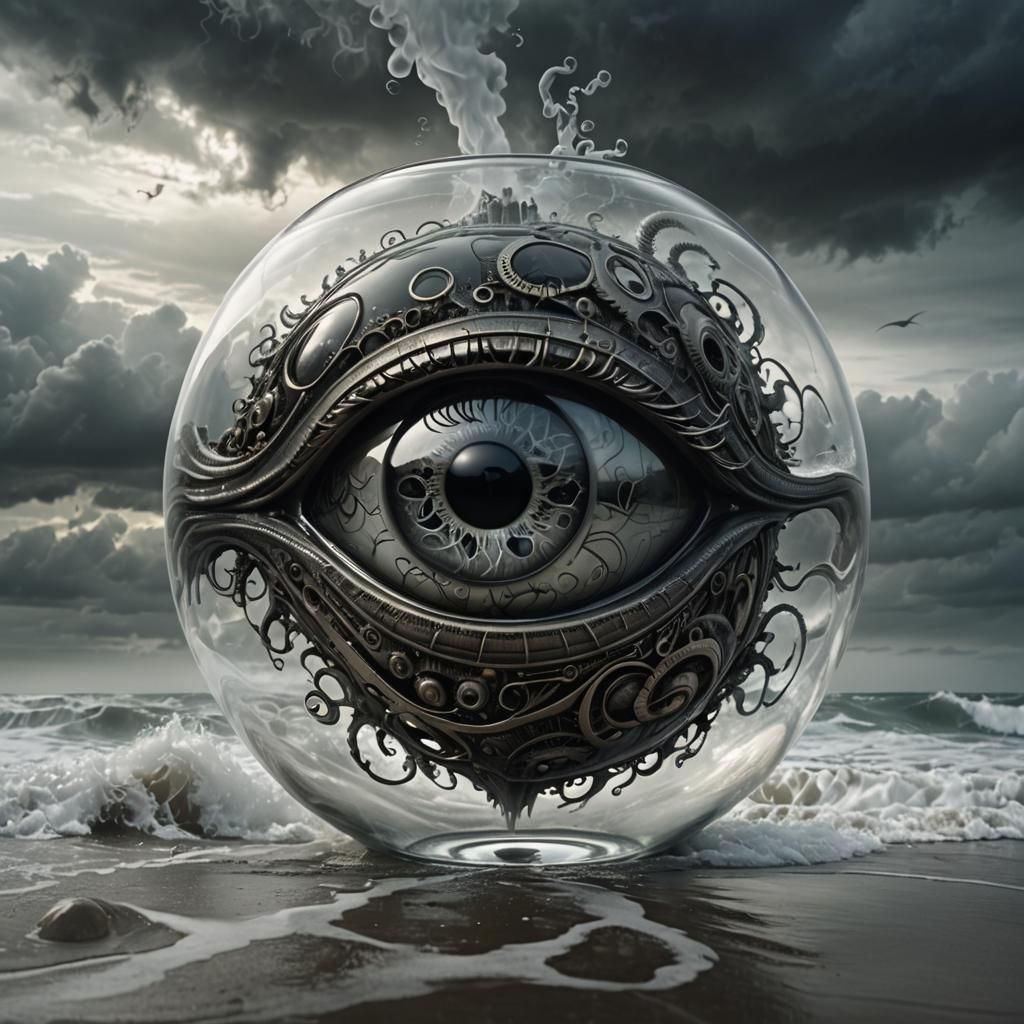 Biomechanical Surrealist Art: Glass 'A' with Eye and Brain