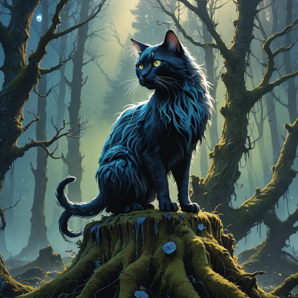 Dark Fairy Cat in a Misty Forest