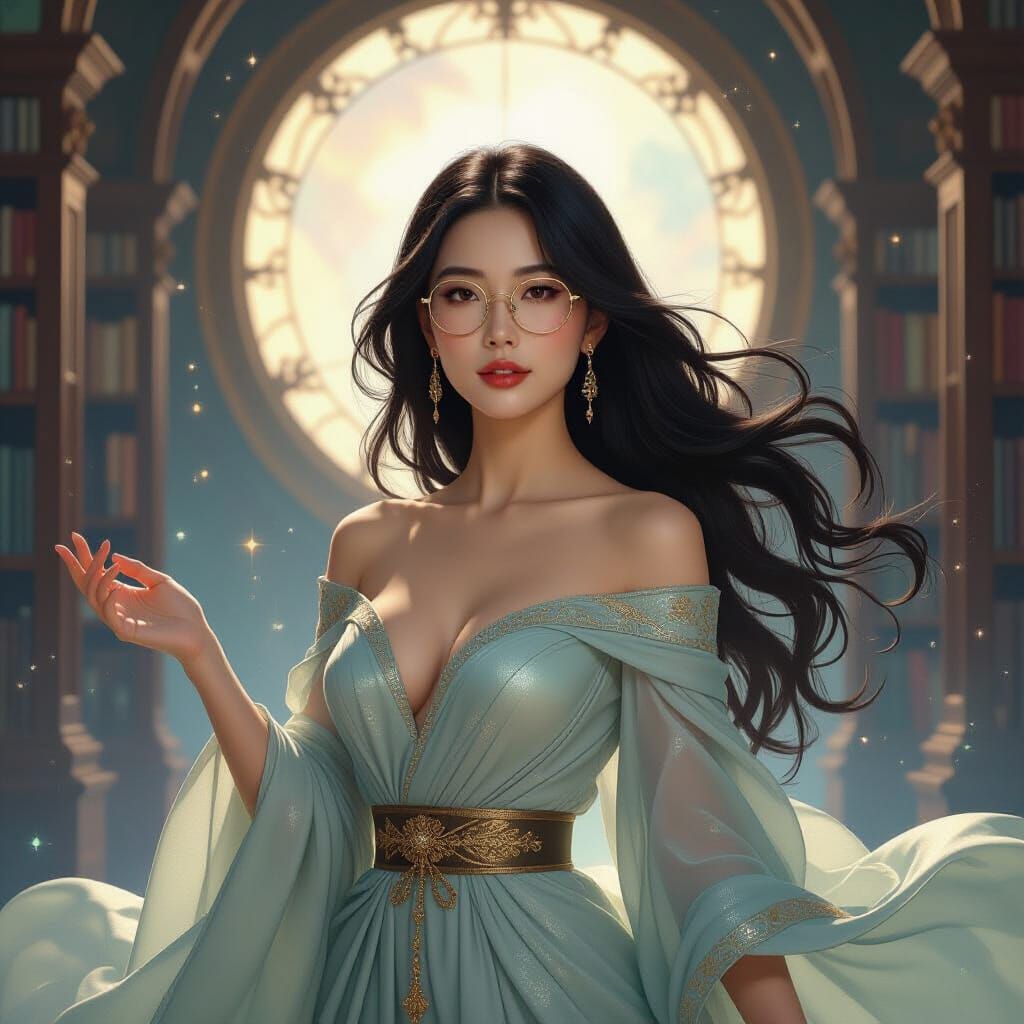 Celestial Asian Woman in Library, Art Nouveau Style