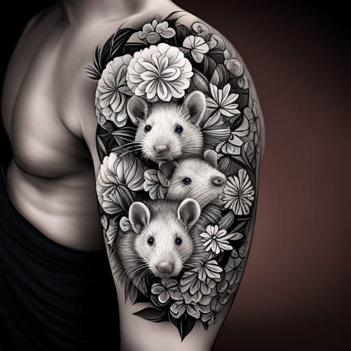 Bold Black and White Tattoo Design: Three Rats with Flowers