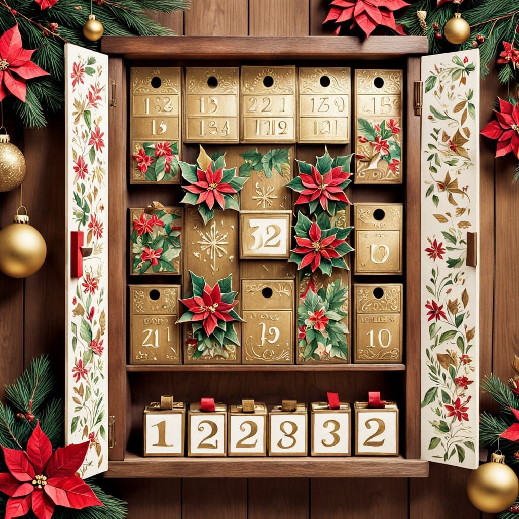 Vintage Advent Calendar with Poinsettias, Watercolor Sketch ...