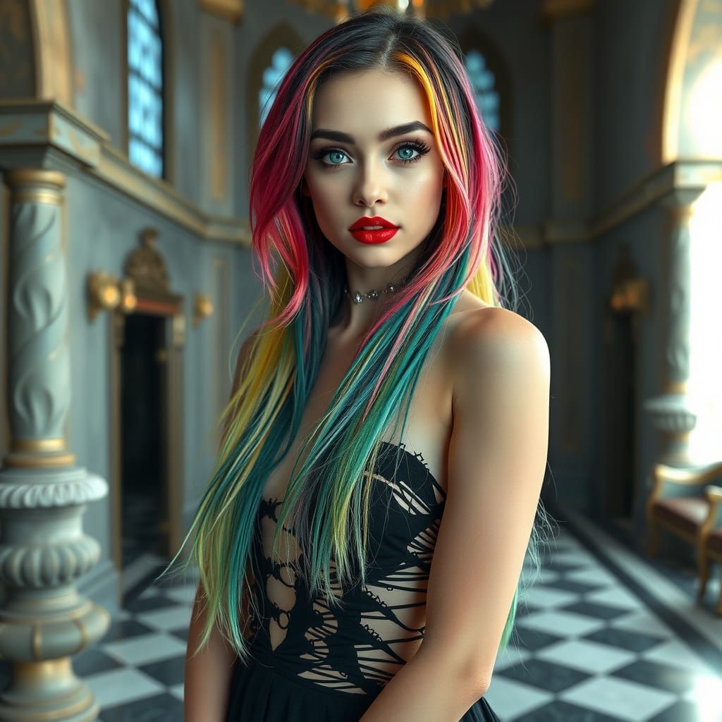 Elegant Vampire Woman with Rainbow Hair in Luxurious Castle