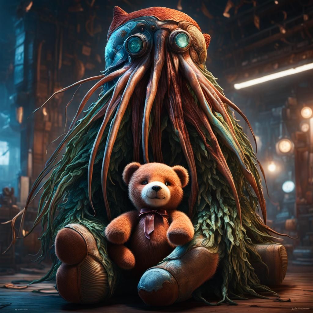 Giant Squid Hugging Teddy Bear in Hyperrealistic Style