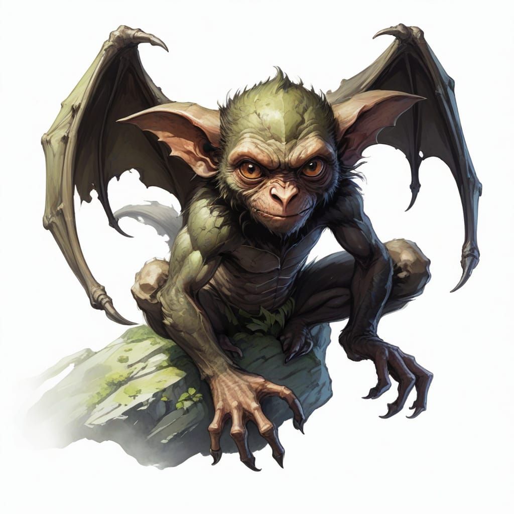 Fantasy Bat Monkey Creature on Mossy Rock