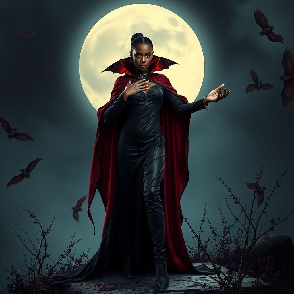 Nigerian Vampire Countess in Gothic Dracula Cape with Vampir...