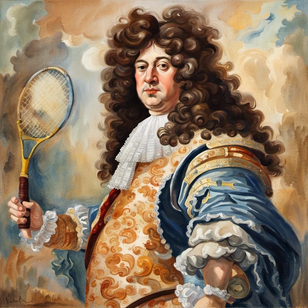 Louis XIV Playing Tennis in Gouache Style