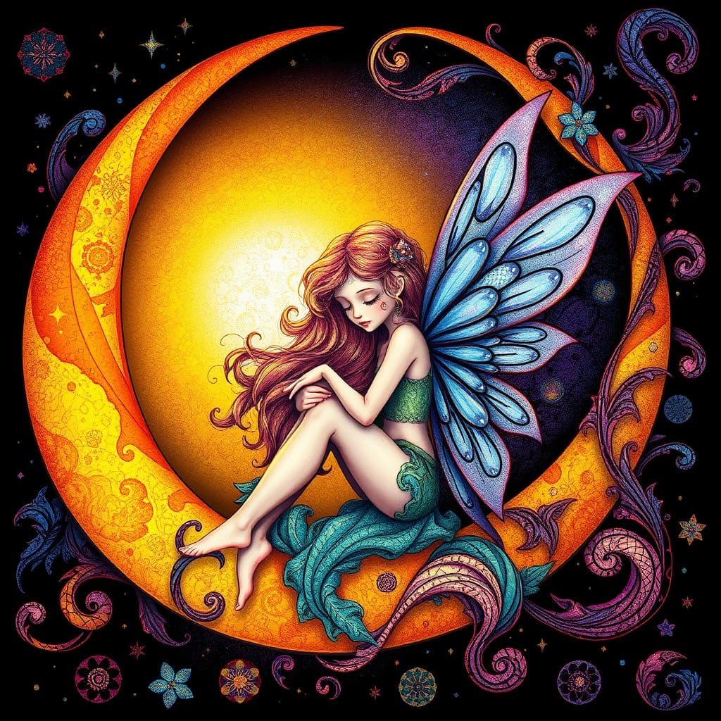 Serenely Sitting Fairy in Crescent Moon Zentangle Art