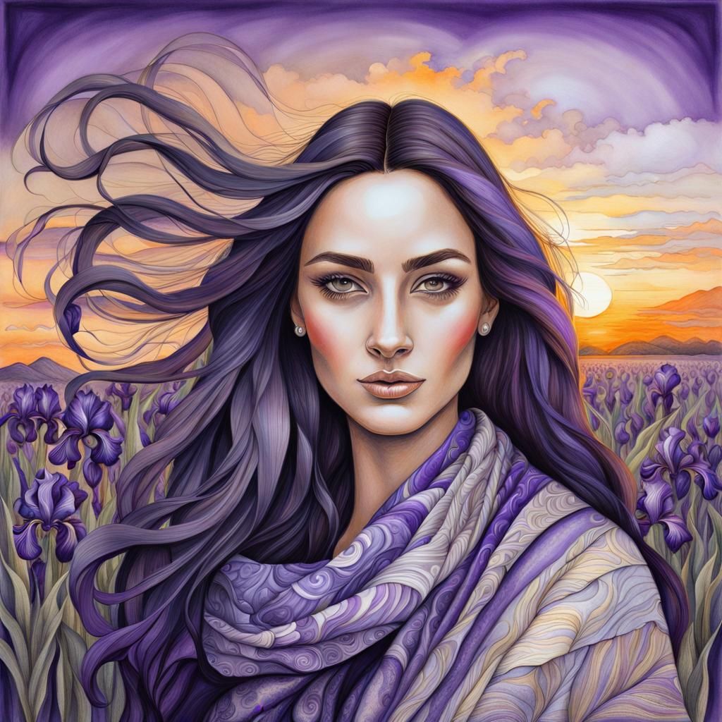 Joyful Woman with Iris Hair in Sunset: Pencil Art