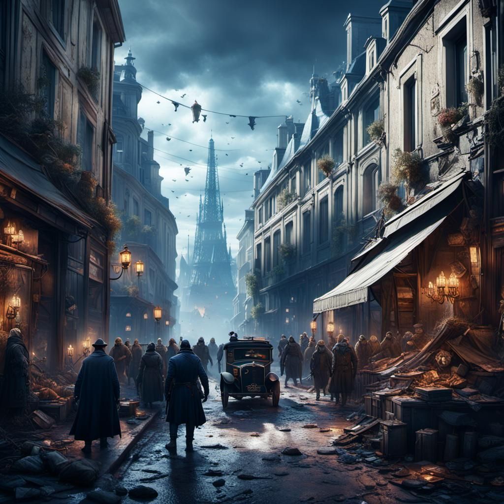 French Street Scene in Detailed Matte Painting Style