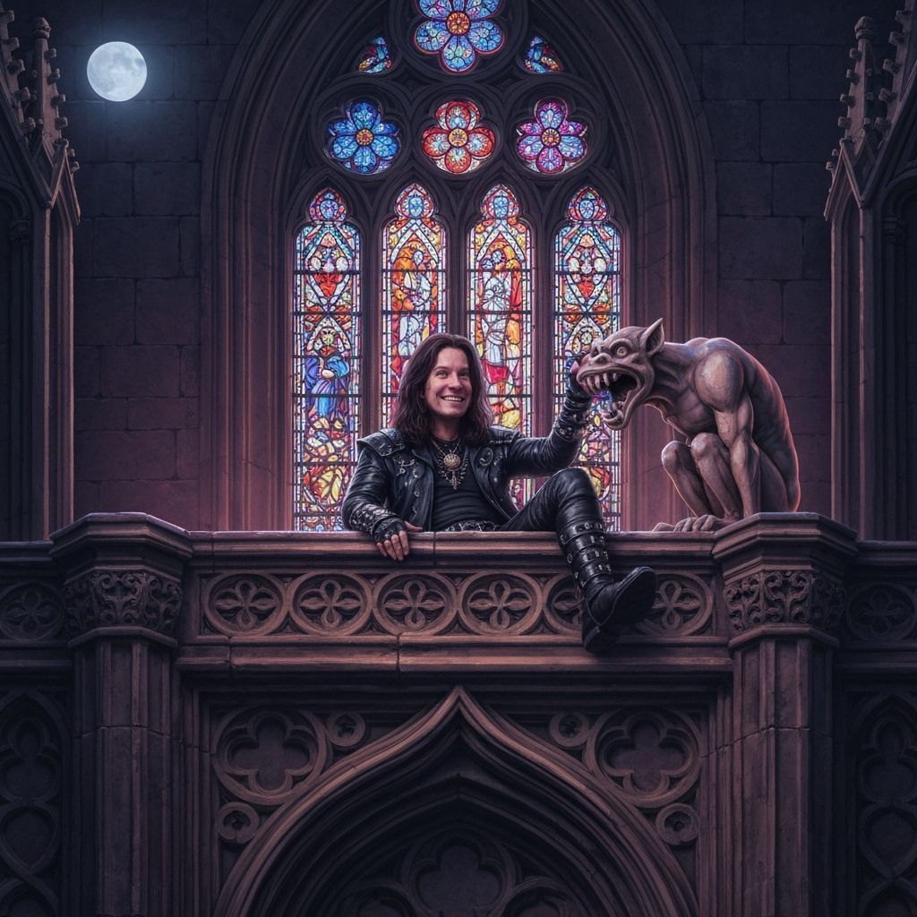 Ozzy Osbourne Smiles at Gargoyle in Gothic Cathedral
