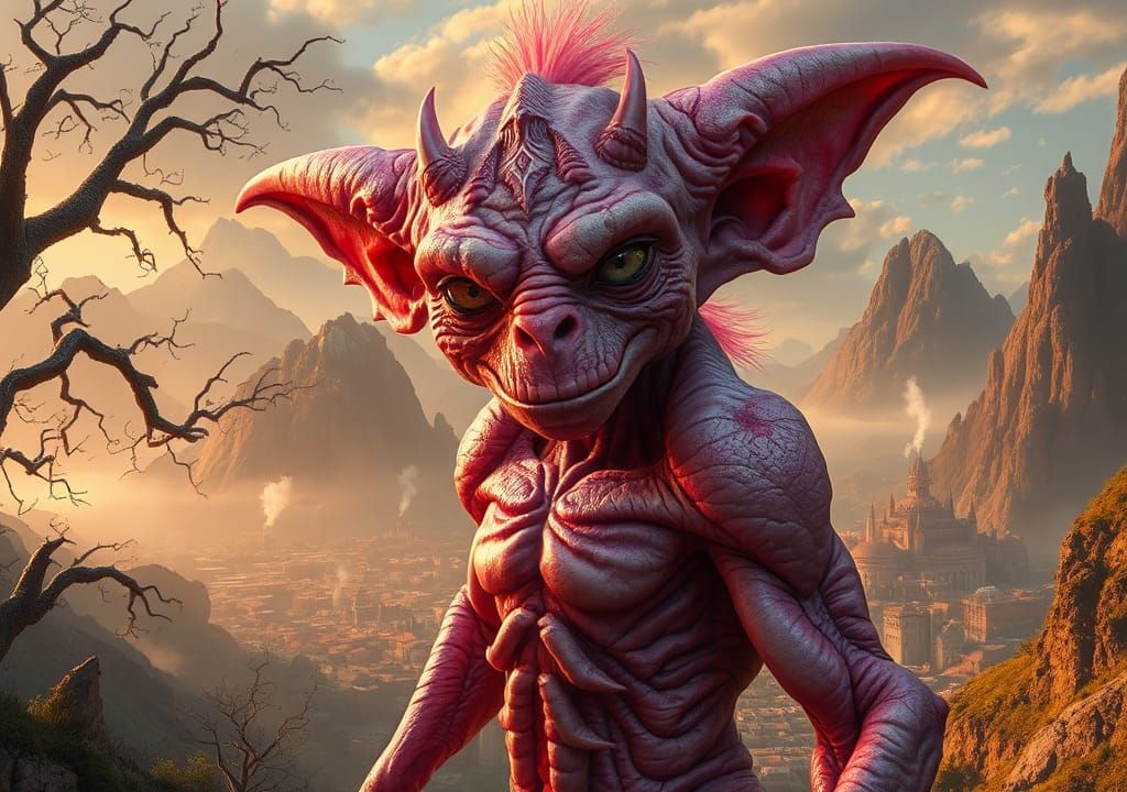 Majestic Pink Goblin in High-Fantasy Landscape