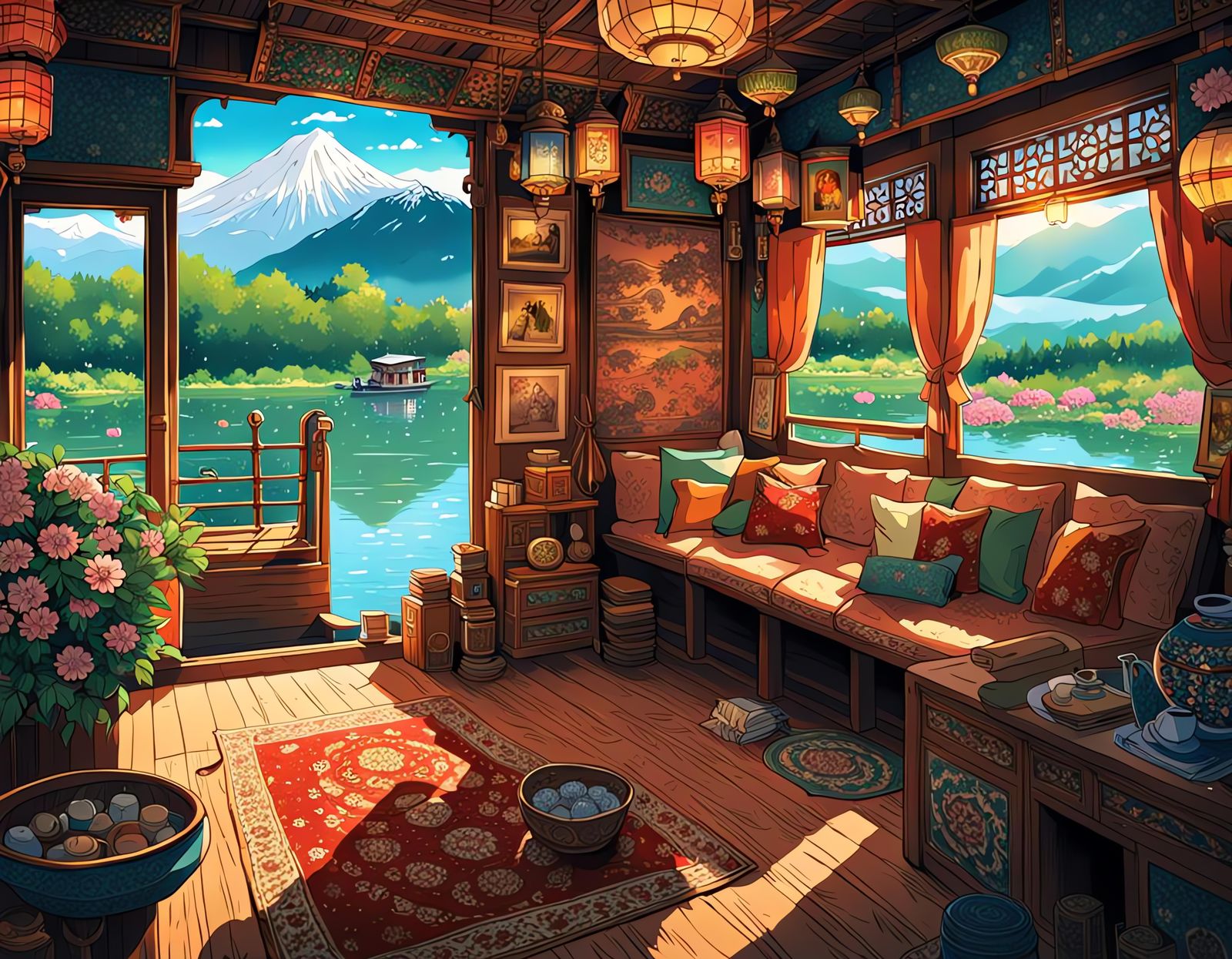 Cozy Kashmiri Houseboat Interior in Ghibli Style
