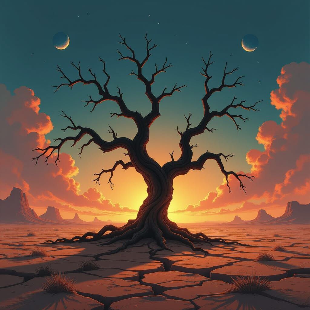 Ancient Alien Tree Silhouetted Against Desolate Sky