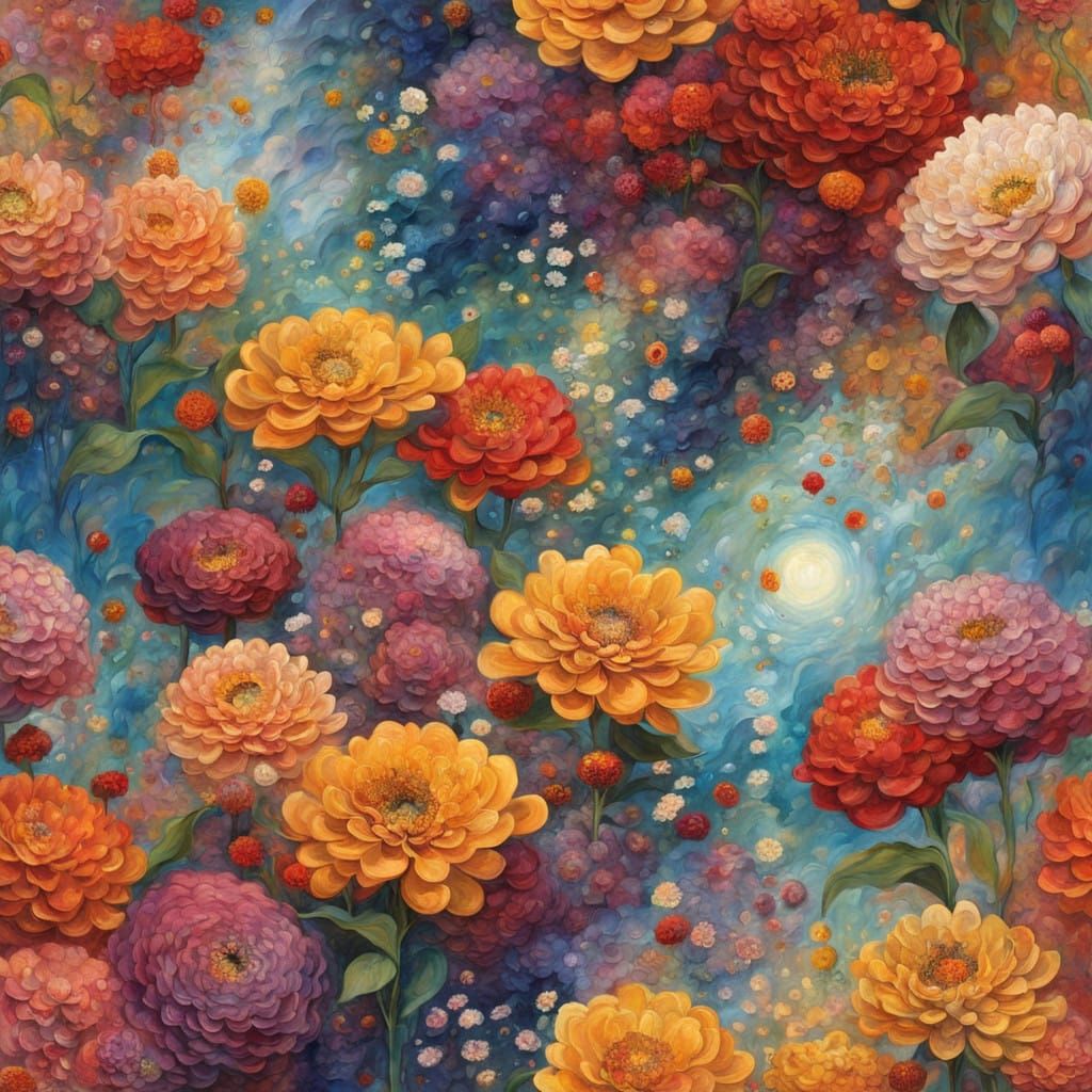 Golden Dreamscape with Whimsical Zinnias