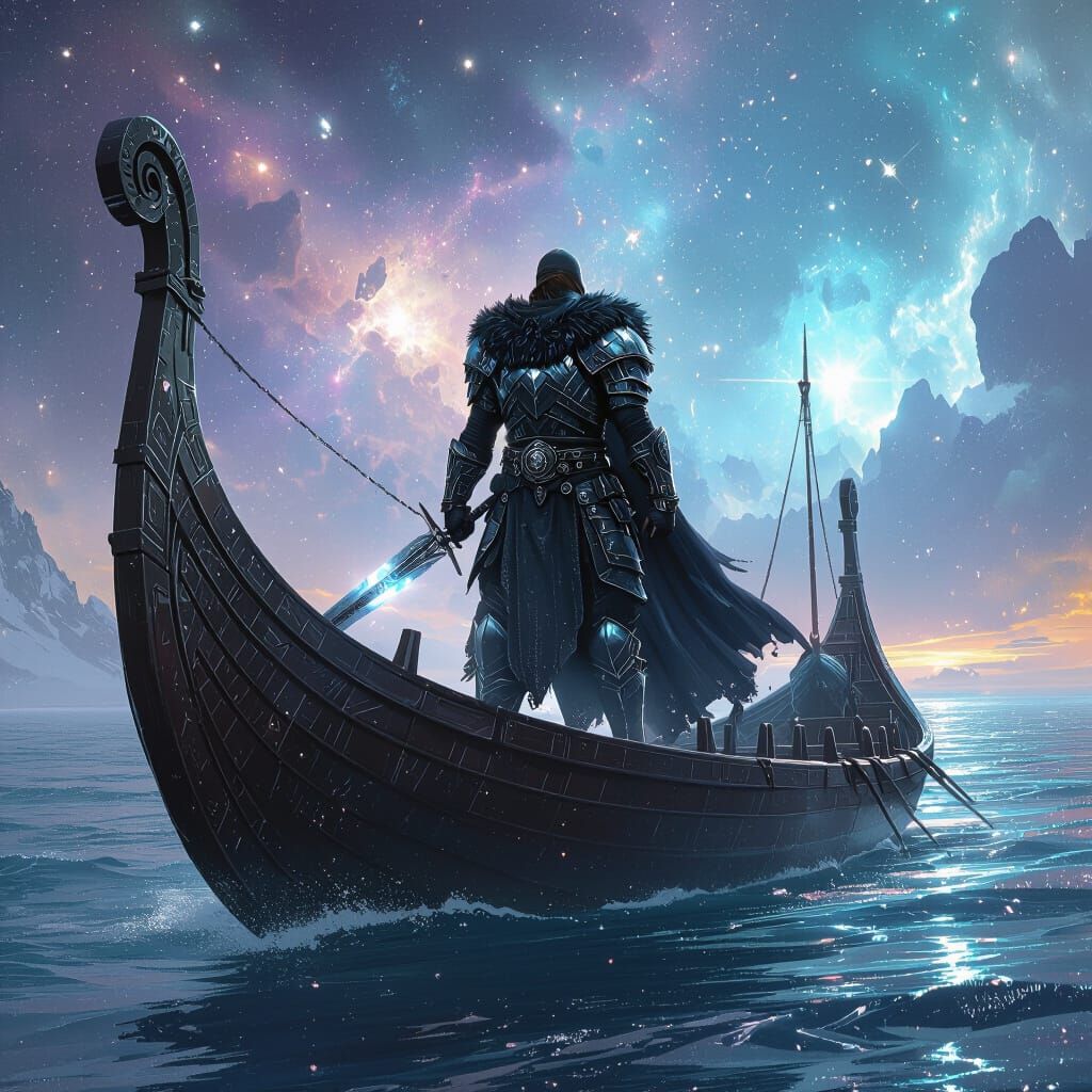 Crystalline Viking Warrior Sailing Through Nebula