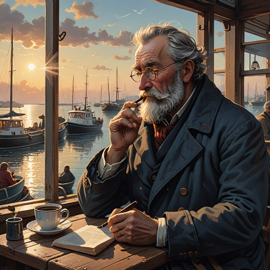 Old Sailor at Seaside Cafe with Coffee