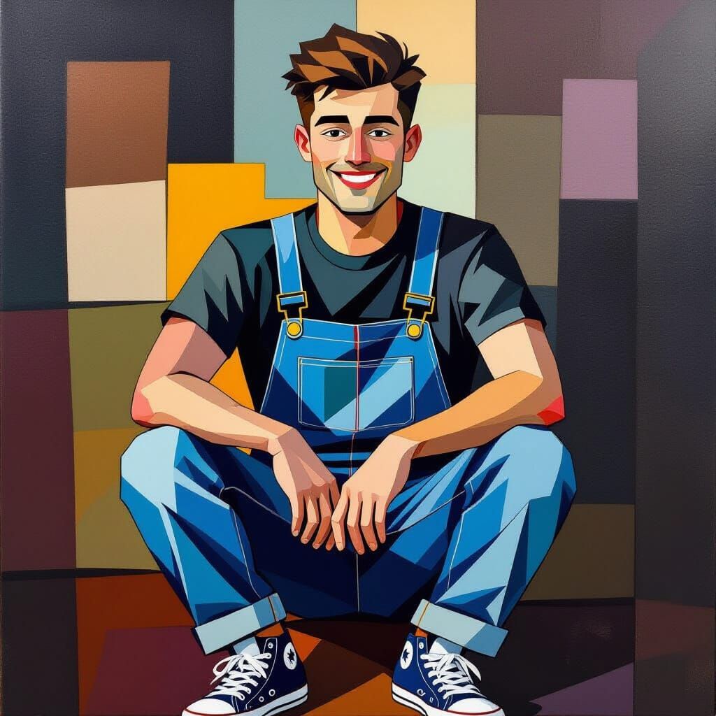 Man in Overalls with Geometric Style