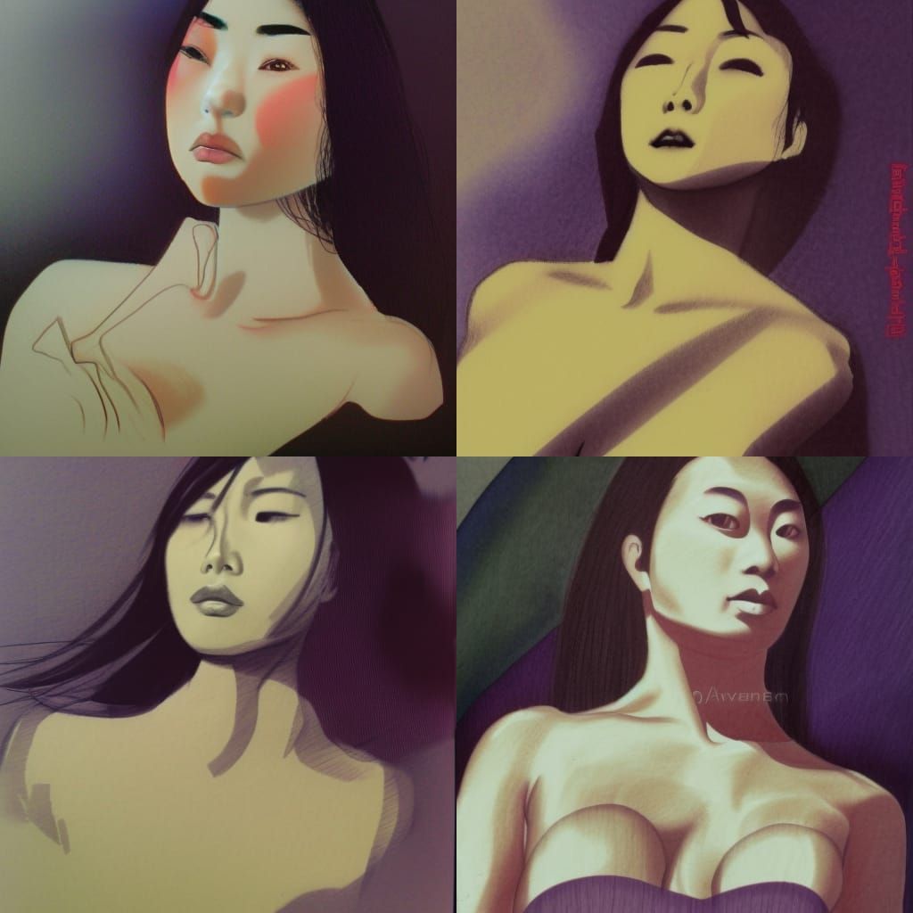 Asian Woman in Swimsuit: Pencil Sketch Art